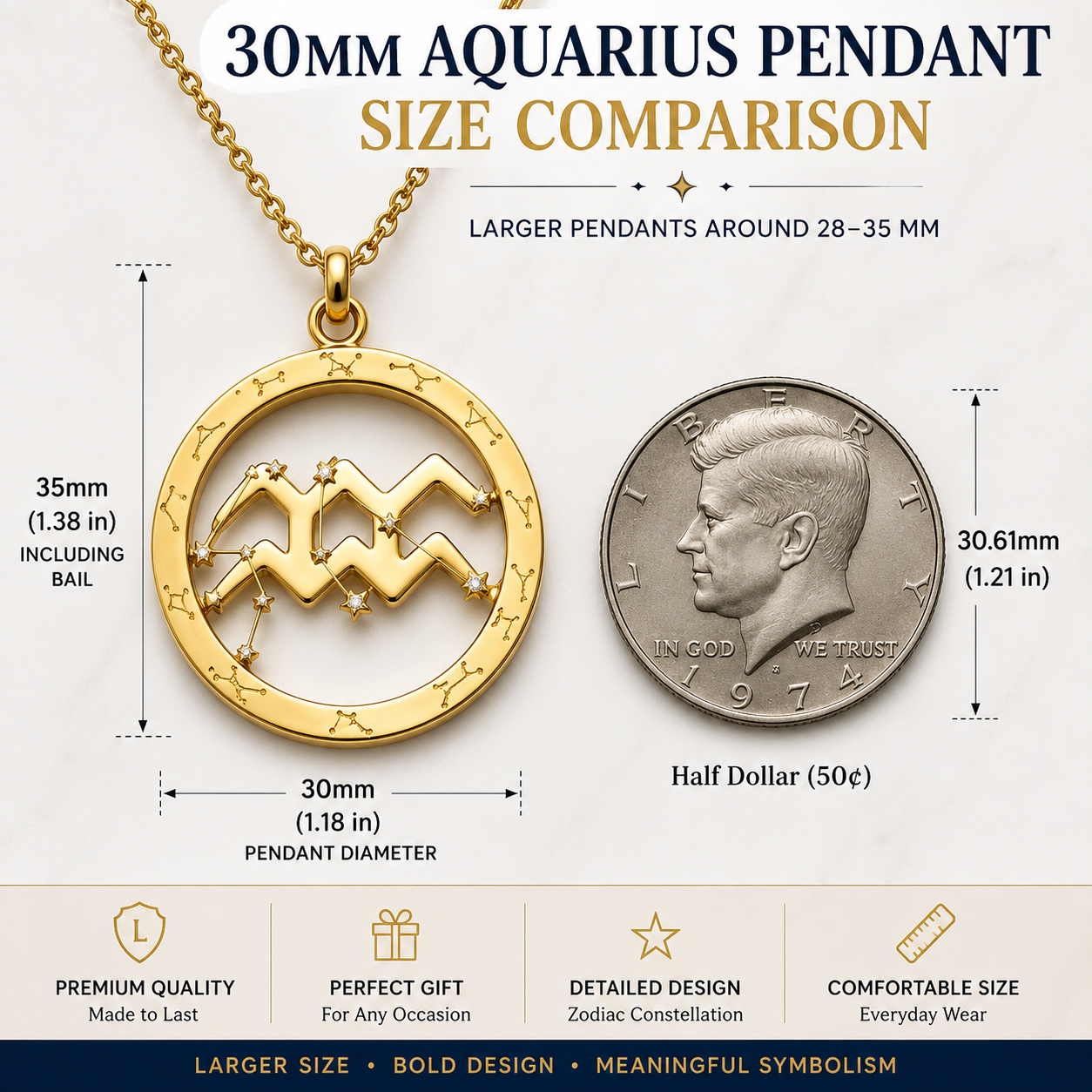 Aquarius Zodiac Pendant Necklace, 30mm Aquarius Symbol Necklace, Water Bearer Astrology Gift, 9K Gold, Sterling Silver or Yellow Brass