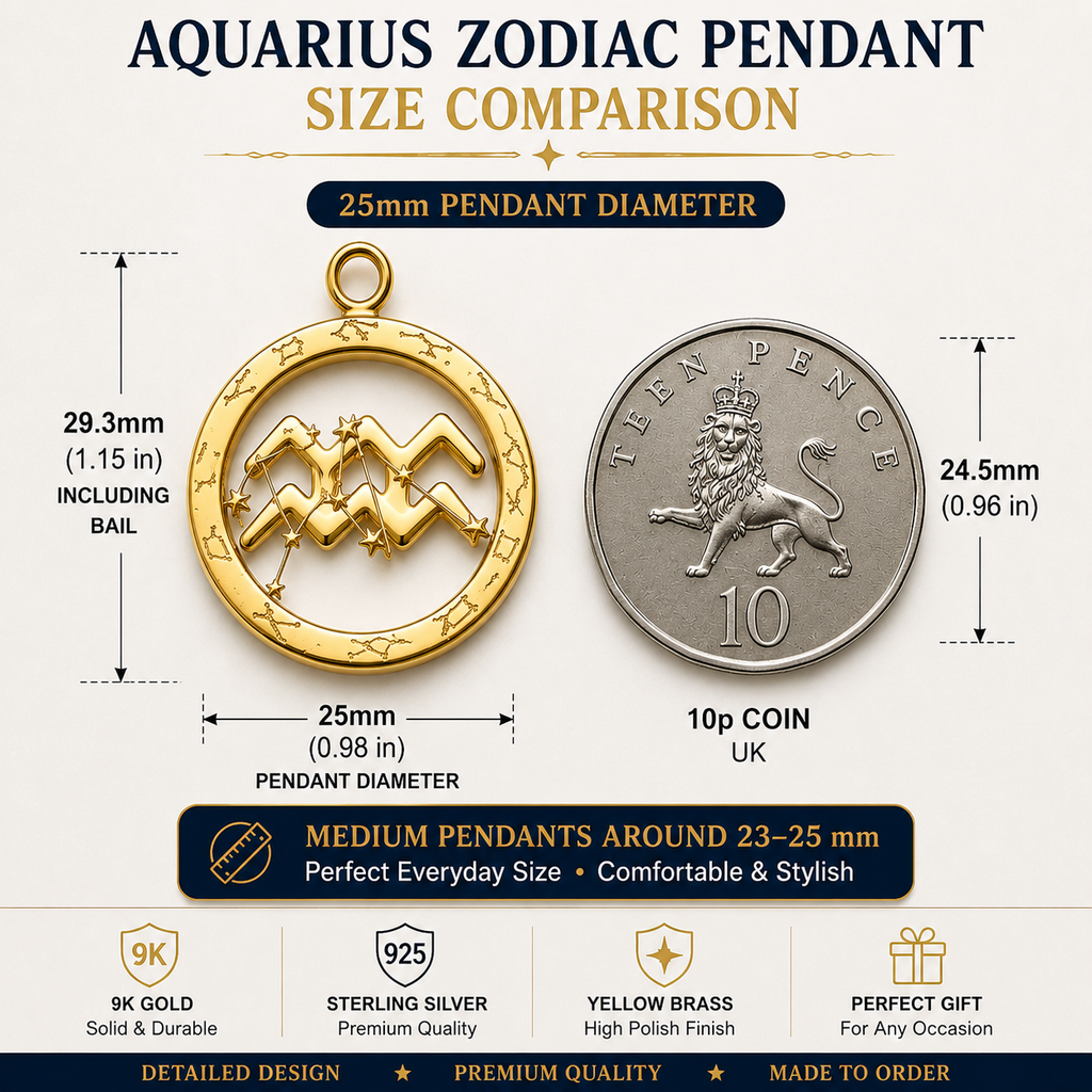 Aquarius Symbol Zodiac Pendant Necklace, 25mm Aquarius Constellation Pendant, Water Bearer Astrology Necklace, 9K Gold, Sterling Silver or Yellow Brass Gift