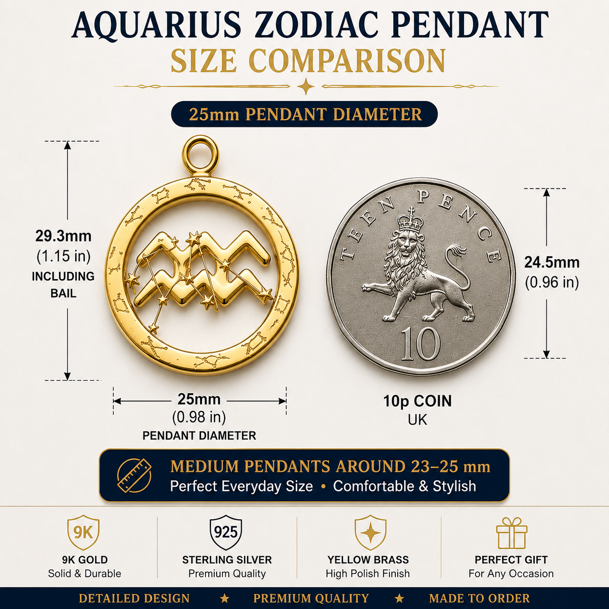 Aquarius Symbol Zodiac Pendant Necklace, 25mm Aquarius Constellation Pendant, Water Bearer Astrology Necklace, 9K Gold, Sterling Silver or Yellow Brass Gift