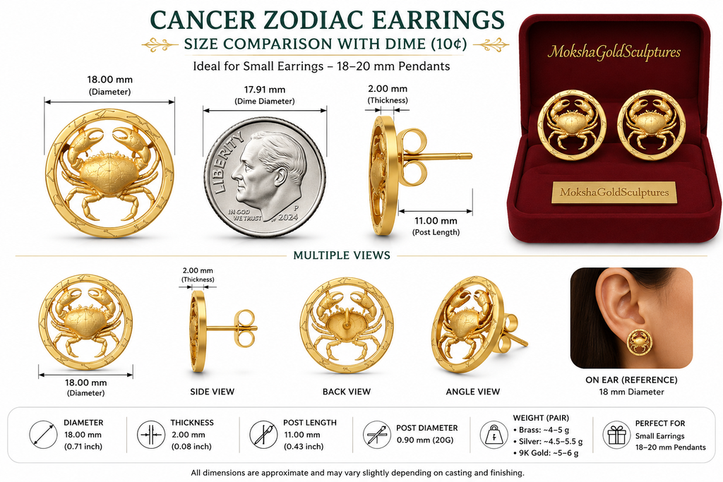 Cancer Zodiac Crab Stud Earrings, 18mm Astrology Earrings, Zodiac Constellation Studs, 9K Gold, Sterling Silver or Yellow Brass, Cancer Gift