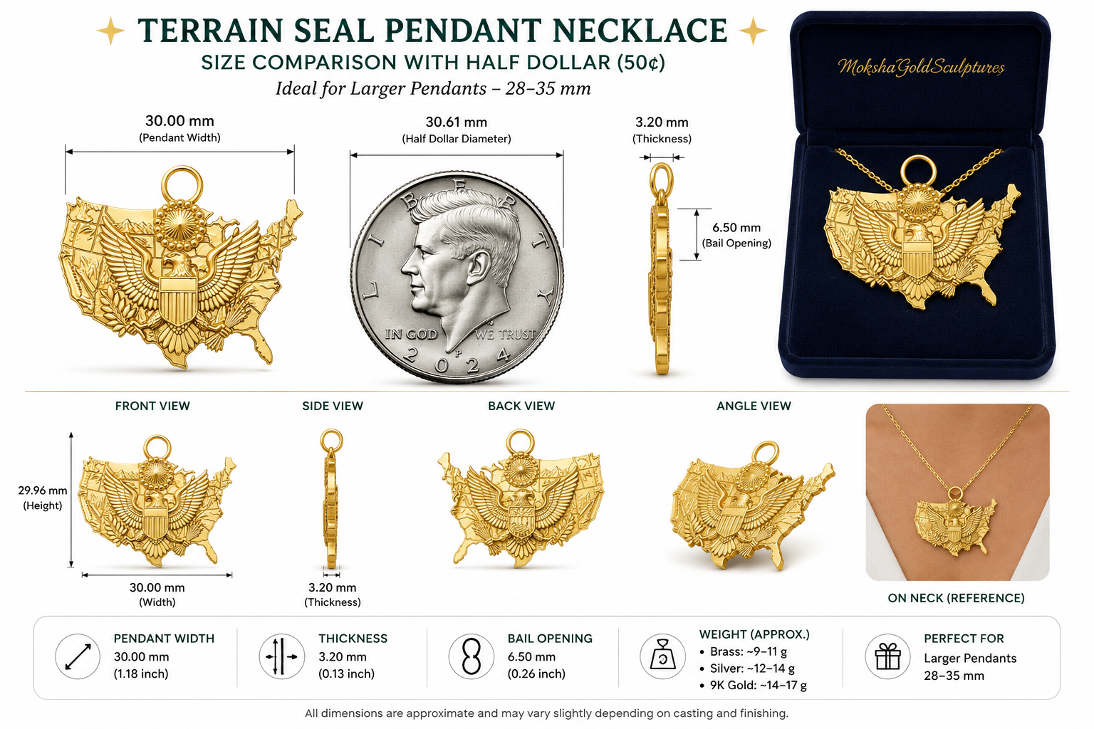 USA Eagle Map Pendant Necklace, 250th Anniversary America Necklace, 9K Gold, Sterling Silver or Brass, Patriotic Gift, USA Map Jewellery