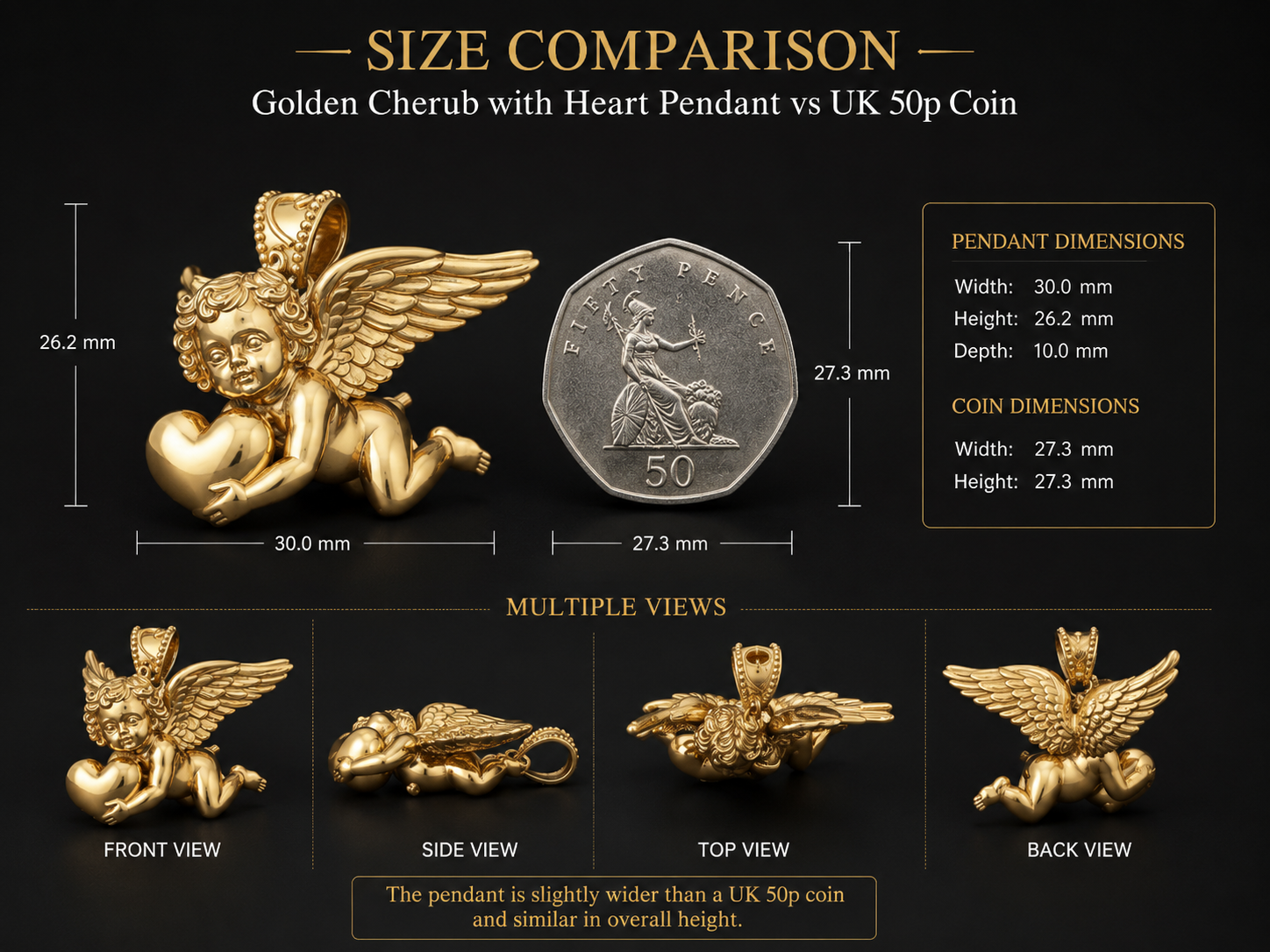 Golden Cherub with Heart Pendant Necklace | Angel of Love & Protection | 9K Gold, Sterling Silver or Polished Brass | Handmade Religious Jewelry Gift