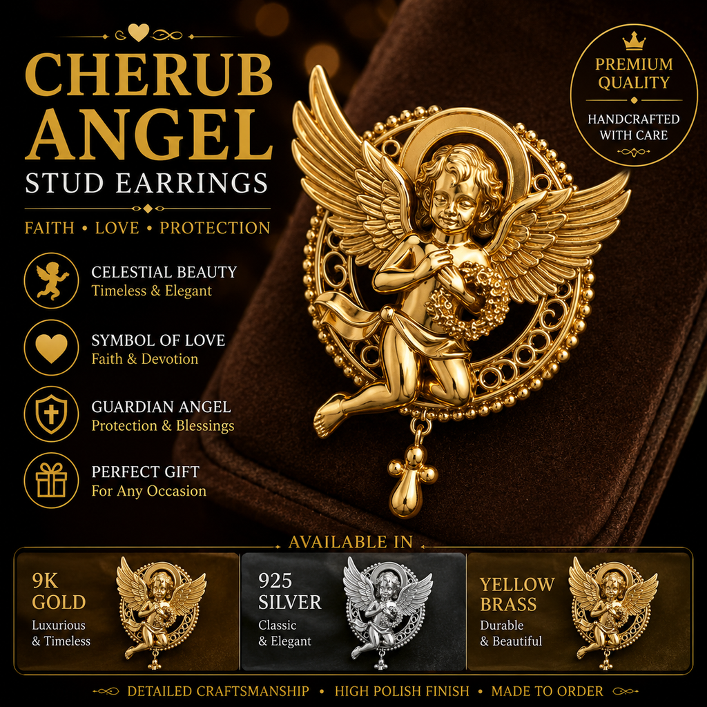 Golden Cherub Angel Stud Earrings | Guardian Angel Jewelry | 9K Gold, Sterling Silver & Yellow Brass | Handmade Religious Gift