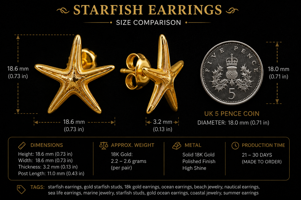 Royal Starfish Stud Earrings | Astropecten articulatus | 9K Gold, Sterling Silver or Polished Yellow Brass | Ocean Jewelry | Nautical Gift