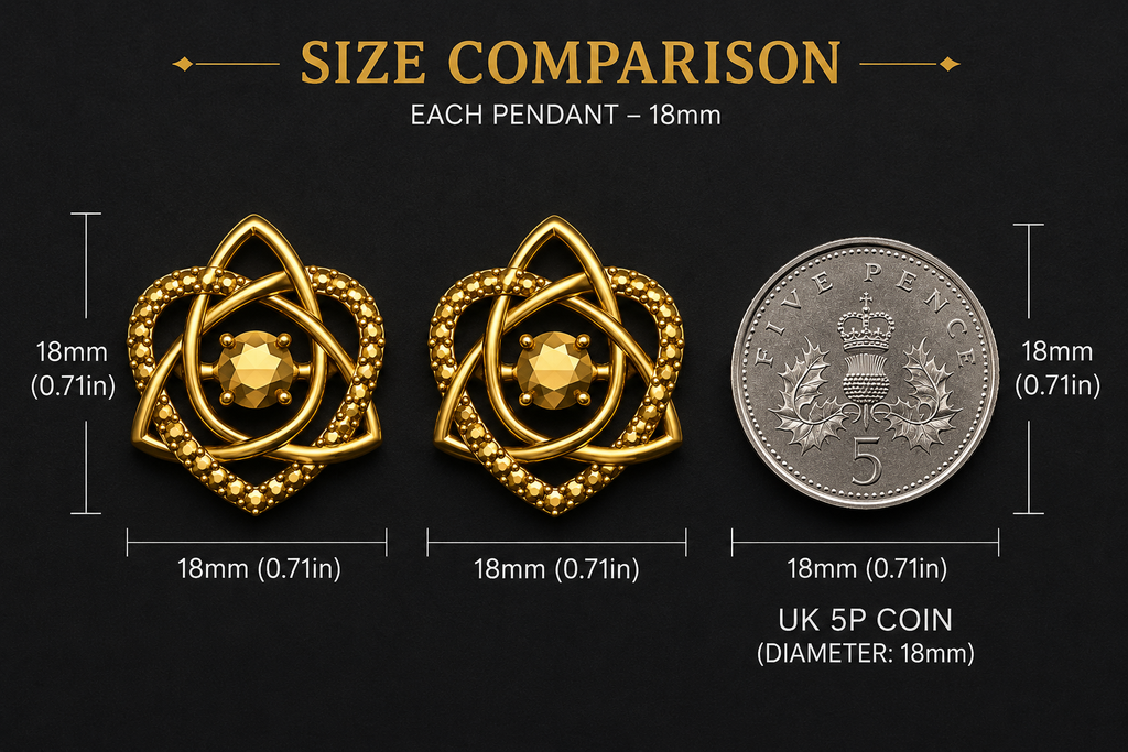 Celtic Trinity Knot Heart Stud Earrings in gold by MokshaGoldSculptures, 18mm, shown beside UK 5p coin for size.