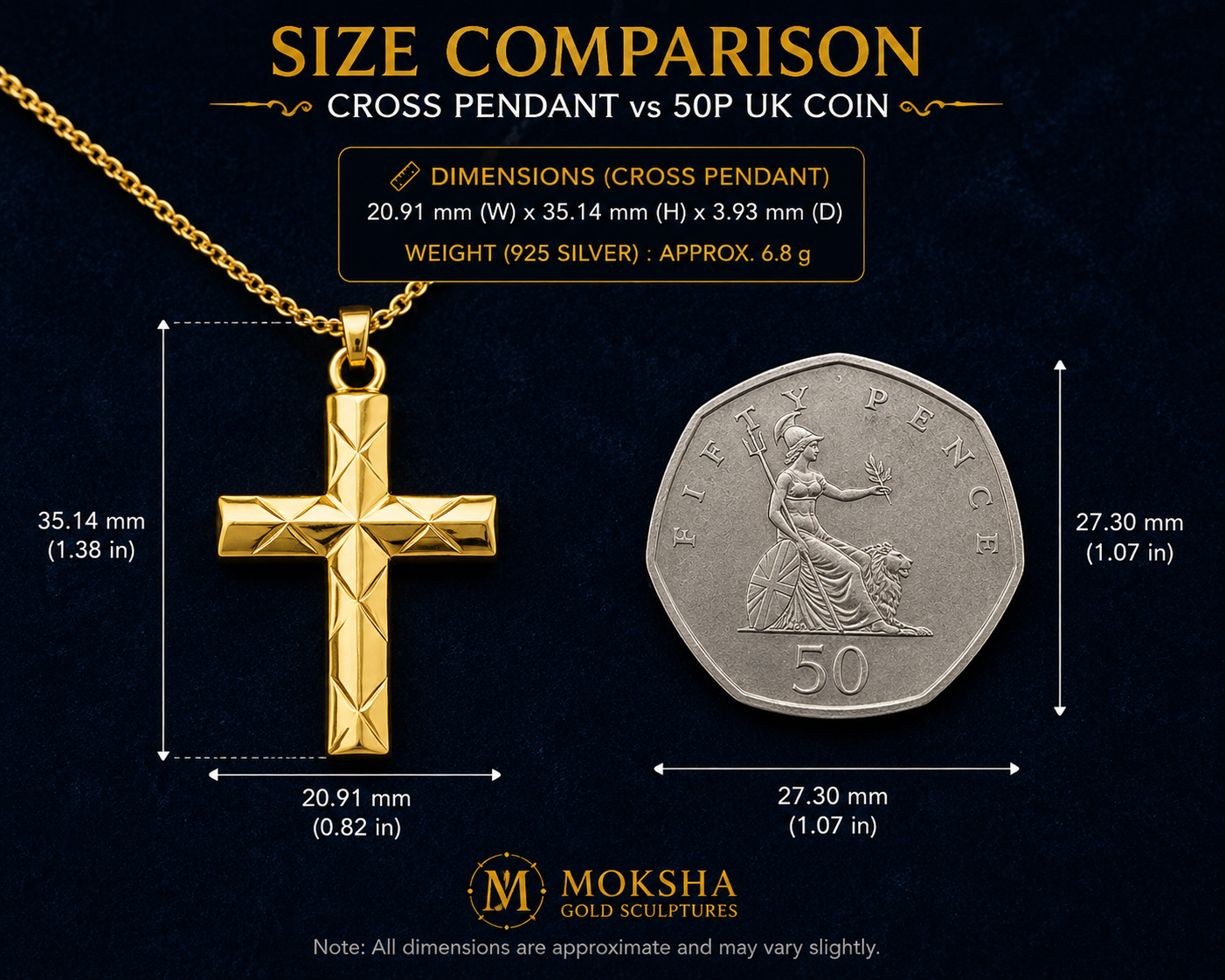 Faceted Cross Pendant Necklace in 9K gold, silver, or brass by MokshaGoldSculptures shown beside a 50p coin.
