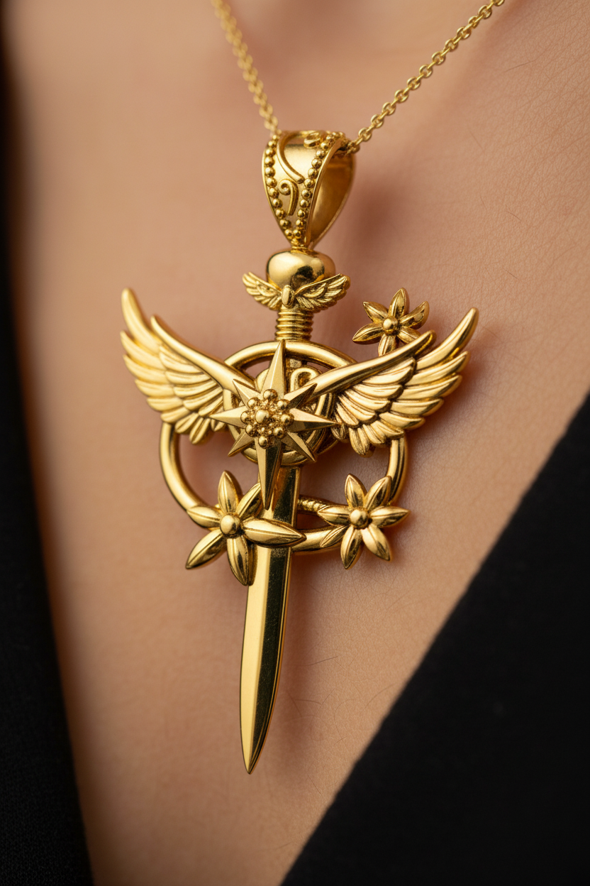 Celestia Winged Star Sword Necklace in 9K gold by MokshaGoldSculptures, intricate celestial pendant on black fabric.