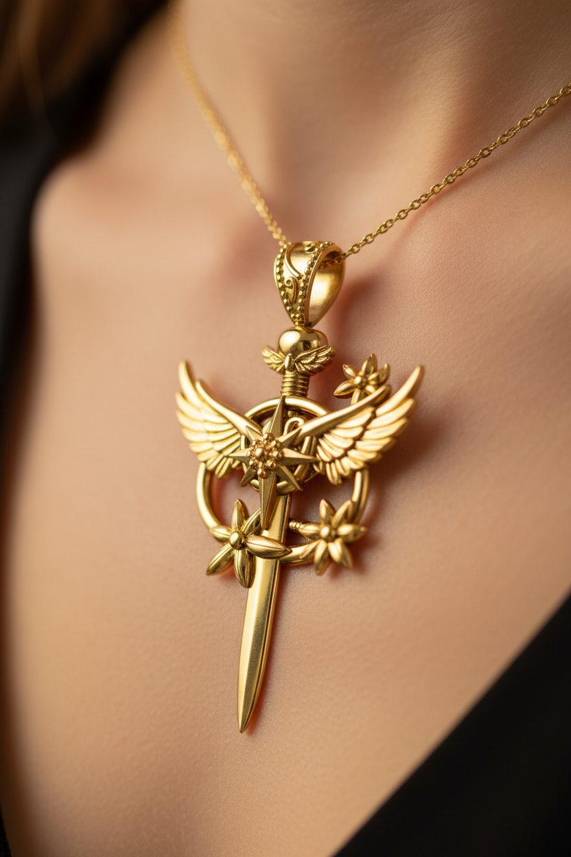 Celestia Winged Star Sword Necklace in 9K gold, silver, & yellow brass by MokshaGoldSculptures.