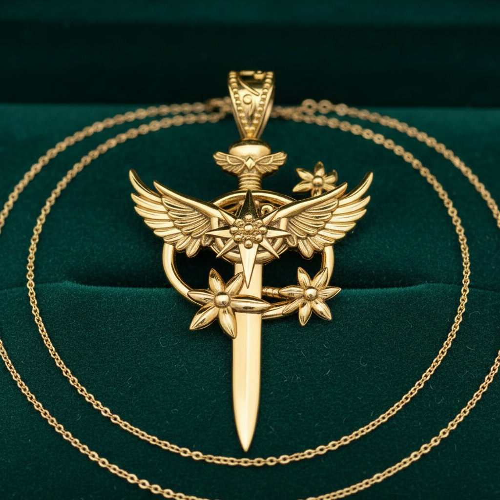 Celestia Winged Star Sword Necklace in 9K gold, sterling silver, and yellow brass by MokshaGoldSculptures.