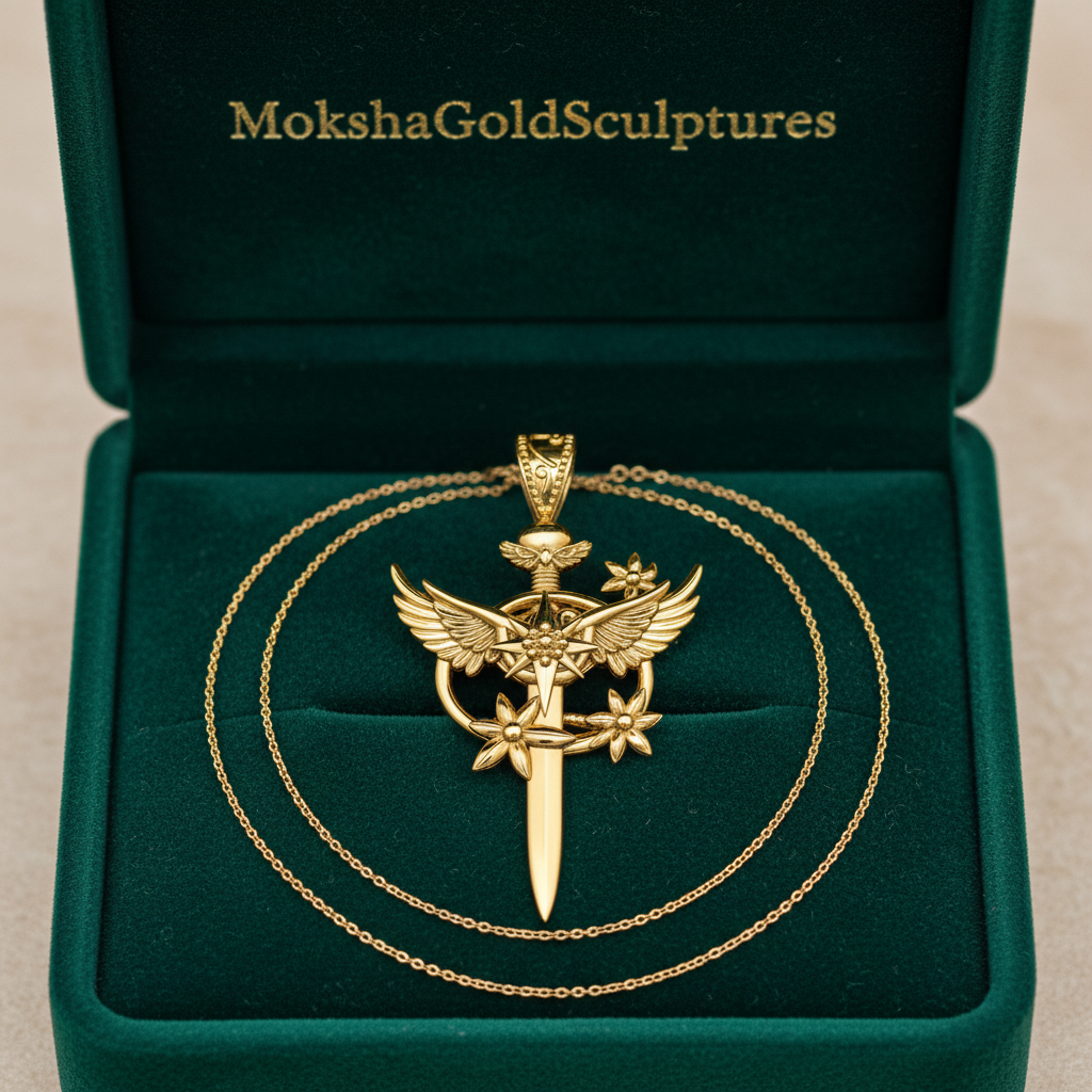 The Celestia Winged Star Sword Necklace in 9K gold, silver & brass by MokshaGoldSculptures, shown in green velvet box.