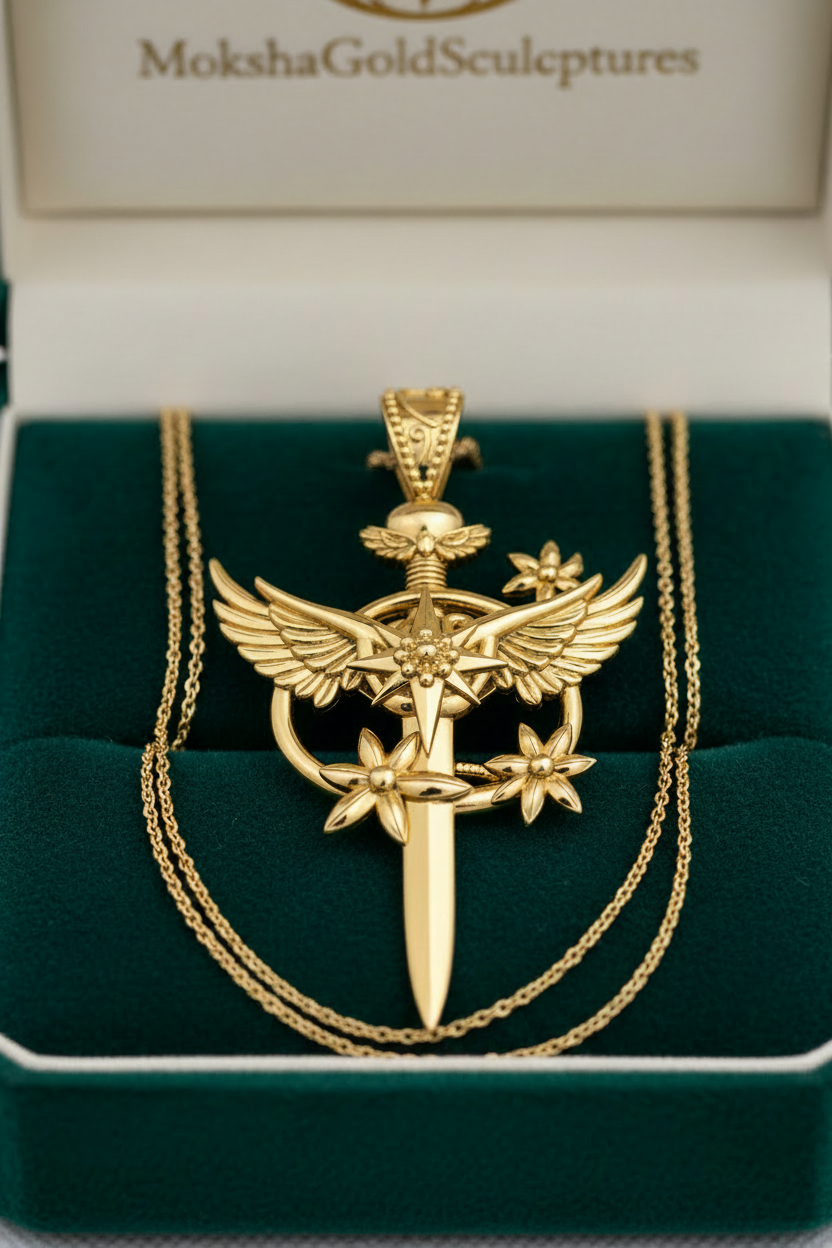 The Celestia Winged Star Sword Necklace in 9K gold, silver, and brass by MokshaGoldSculptures in green velvet box.
