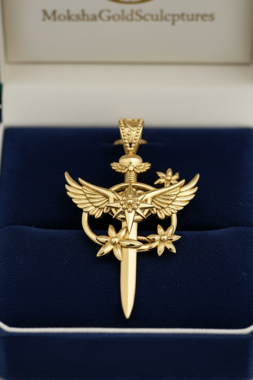 The Celestia Winged Star Sword Necklace in 9K gold, silver, and brass by MokshaGoldSculptures in branded box.