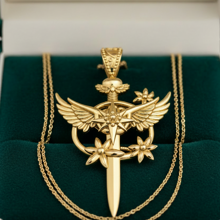 The Celestia Winged Star Sword Necklace in 9K gold, silver & brass by MokshaGoldSculptures in open box.