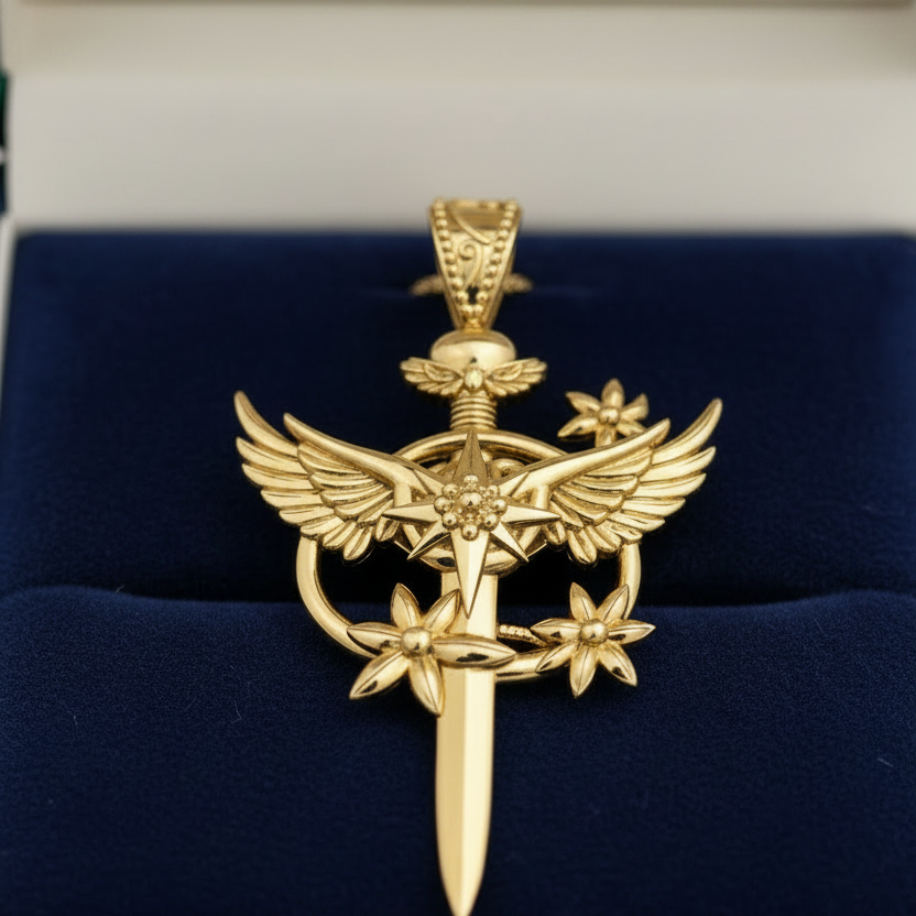 The Celestia Winged Star Sword Necklace in 9K gold, silver & brass by MokshaGoldSculptures on blue velvet display.