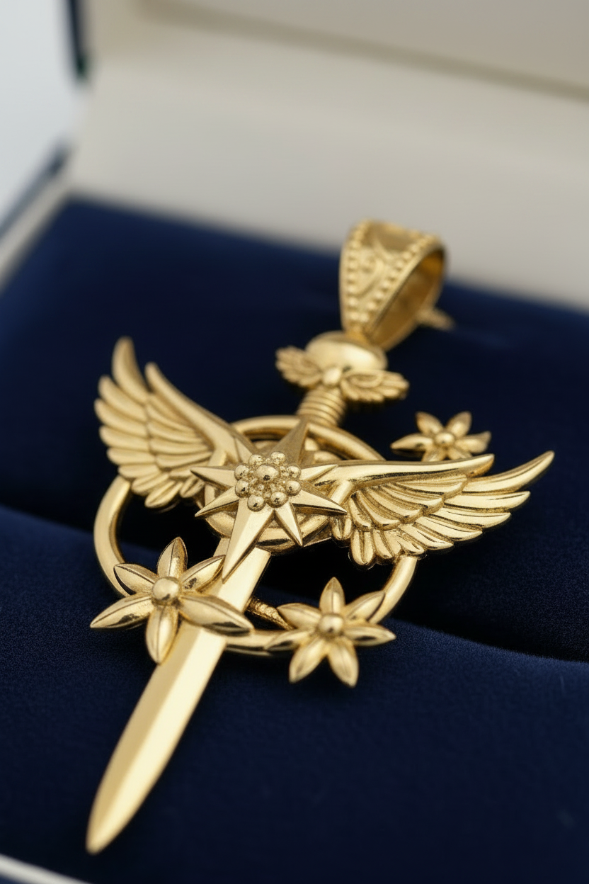 The Celestia Winged Star Sword Necklace in 9K gold, silver, and brass by MokshaGoldSculptures.