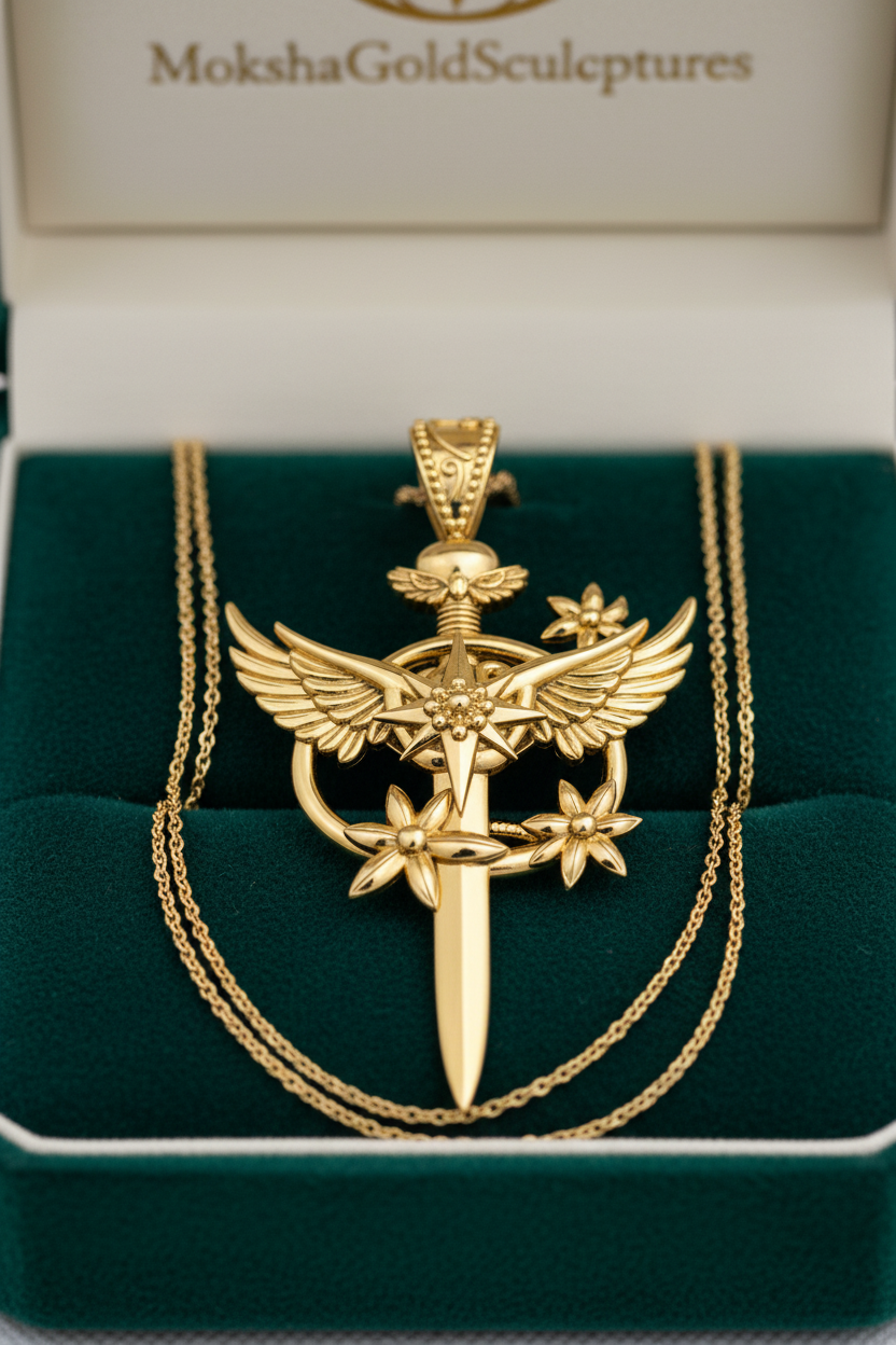 The Celestia Winged Star Sword Necklace in 9K gold, silver, brass by MokshaGoldSculptures, fantasy finish.