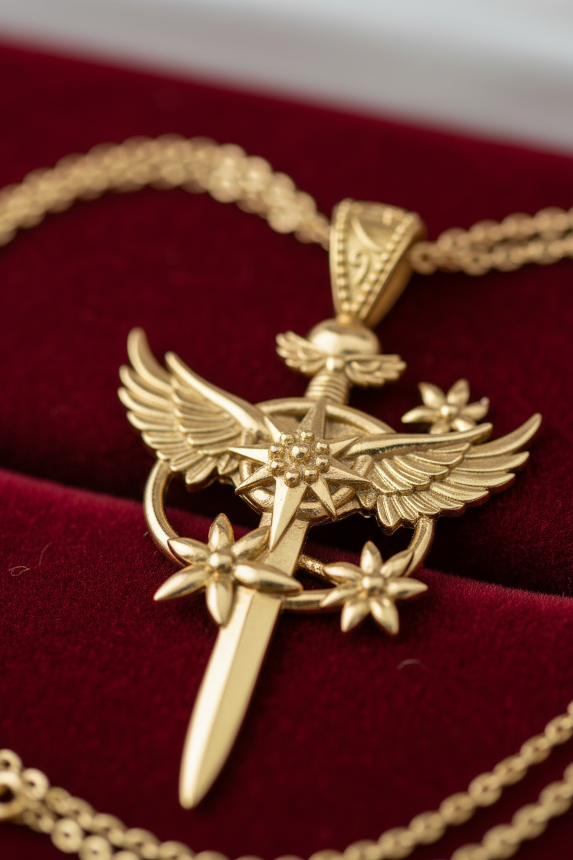Celestia Winged Star Sword Necklace in 9K gold by MokshaGoldSculptures, fantasy pendant with wings and stars on red velvet.
