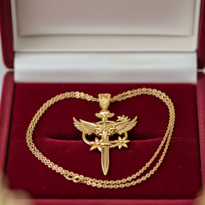 The Celestia Winged Star Sword Necklace in 9K gold, silver, brass by MokshaGoldSculptures displayed in velvet box.
