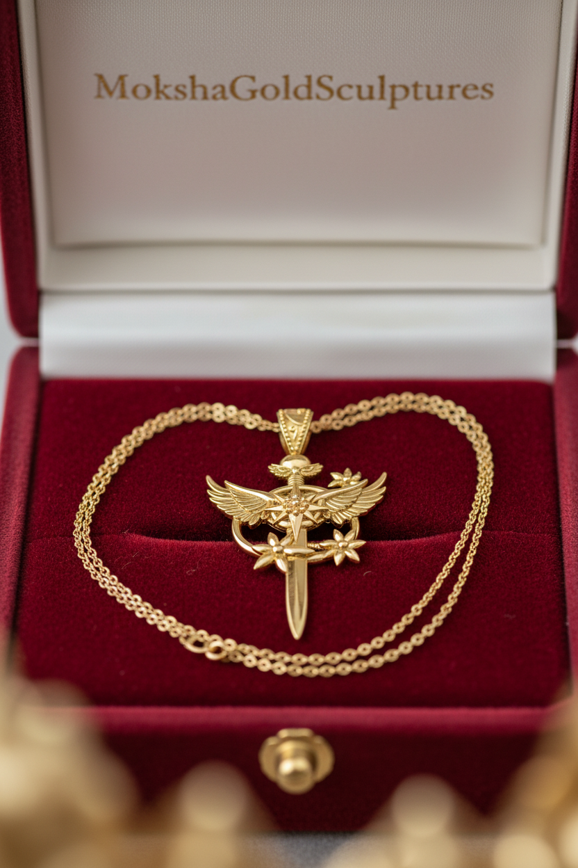 The Celestia Winged Star Sword Necklace in 9K gold by MokshaGoldSculptures, fantasy wings pendant on matching chain.
