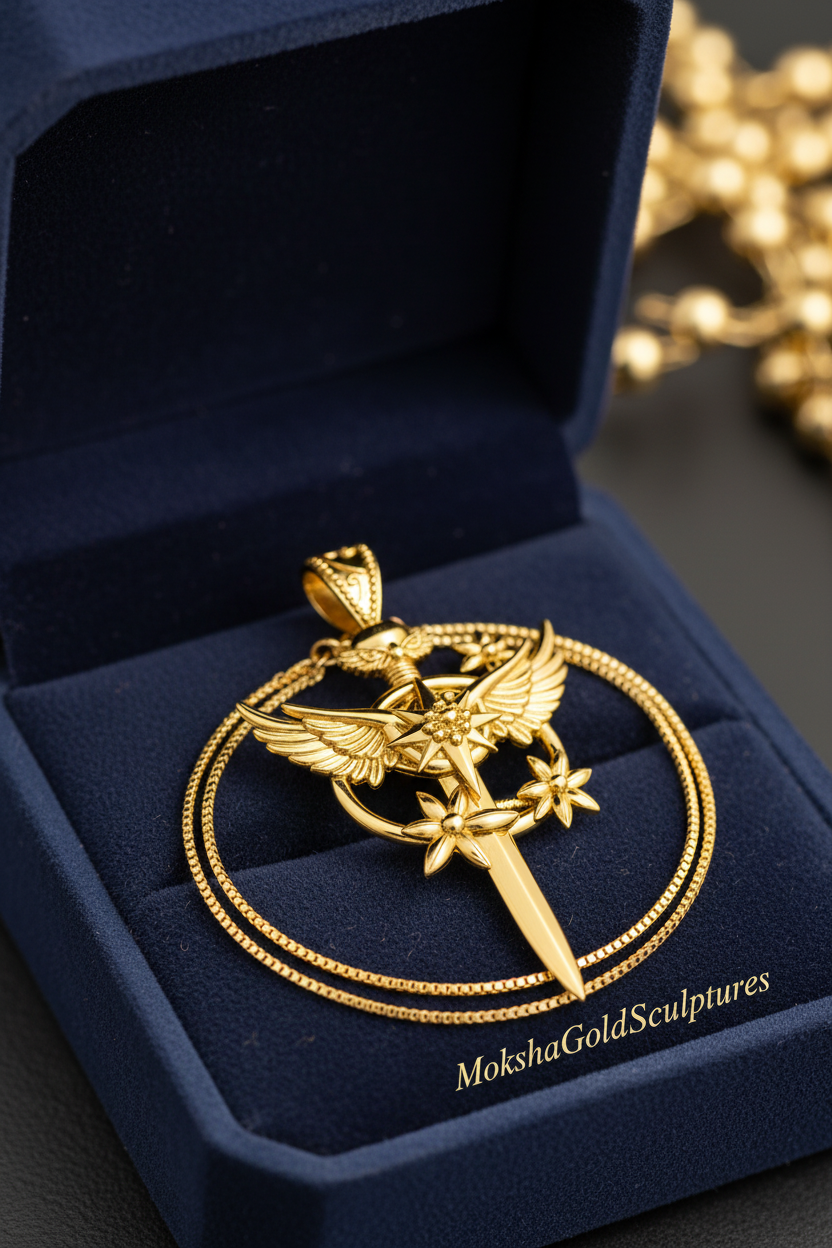 Celestia Winged Star Sword Necklace in 9K gold, silver, and yellow brass by MokshaGoldSculptures in velvet box.