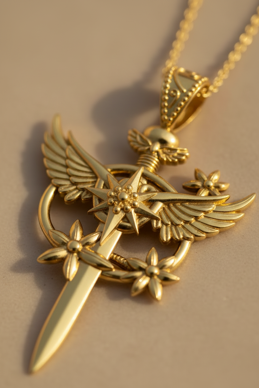 Celestia Winged Star Sword Necklace in 9K gold, sterling silver, or yellow brass by MokshaGoldSculptures.