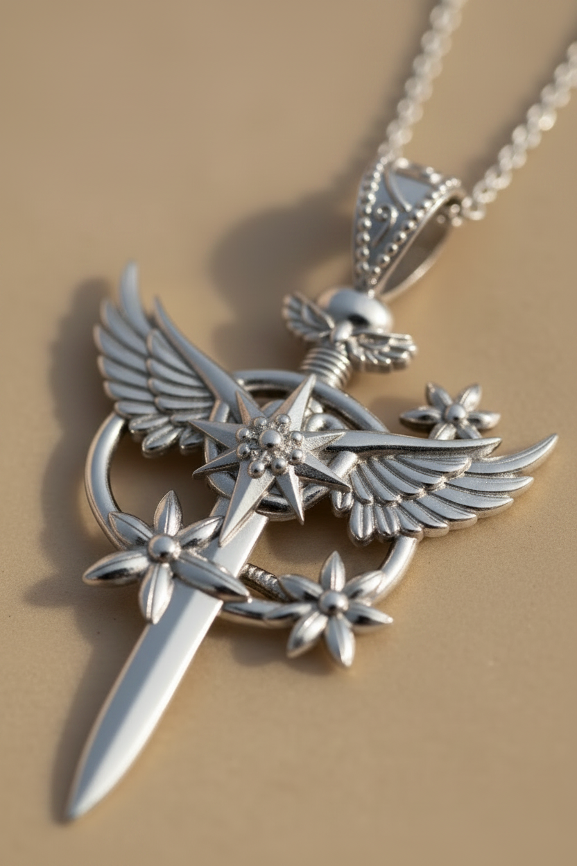 The Celestia Winged Star Sword Necklace in 9K gold by MokshaGoldSculptures, fantasy sword with wing and star details.
