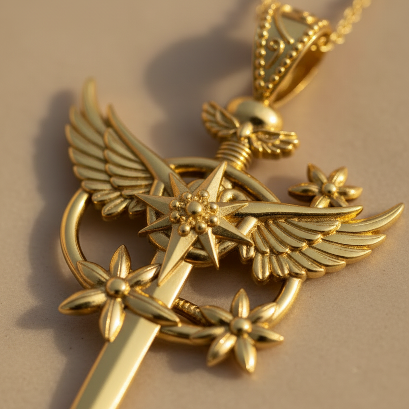 Celestia Winged Star Sword Necklace in 9K gold, sterling silver & yellow brass by MokshaGoldSculptures.