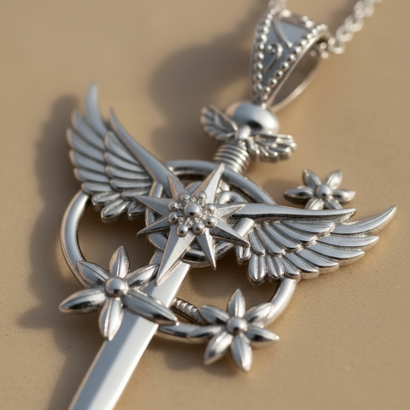 Celestia Winged Star Sword Necklace in 9K gold by MokshaGoldSculptures, fantasy pendant with wings and stars.