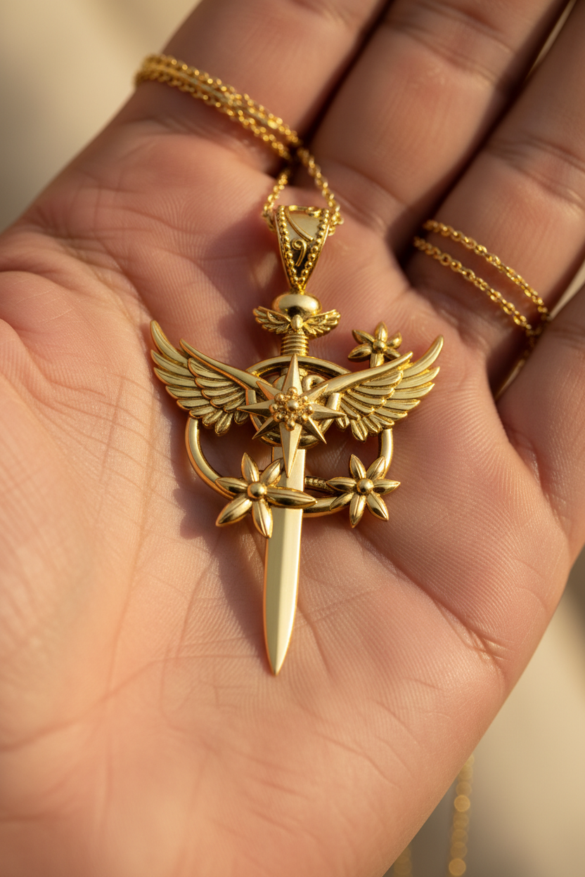 The Celestia Winged Star Sword Necklace in 9K gold, silver, and brass by MokshaGoldSculptures.