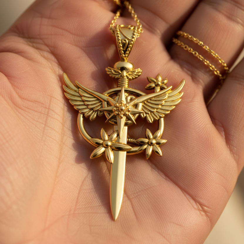 Celestia Winged Star Sword Necklace in 9K gold, sterling silver, or brass by MokshaGoldSculptures rests on a palm.