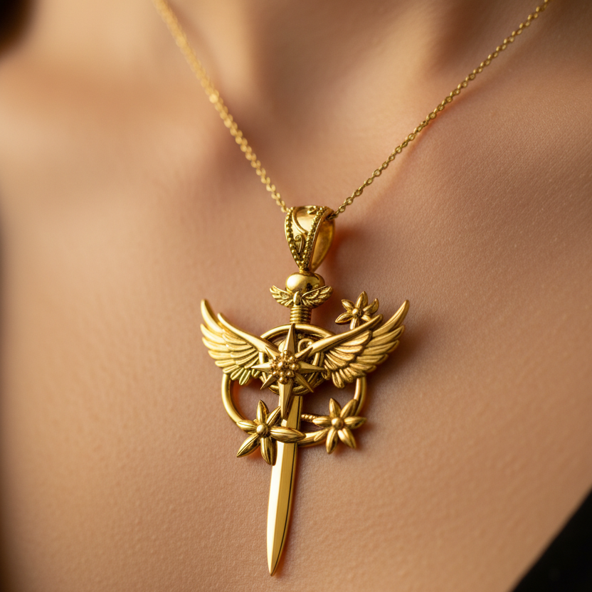 Celestia Winged Star Sword Necklace in 9K gold by MokshaGoldSculptures, fantasy pendant with celestial wings and stars.