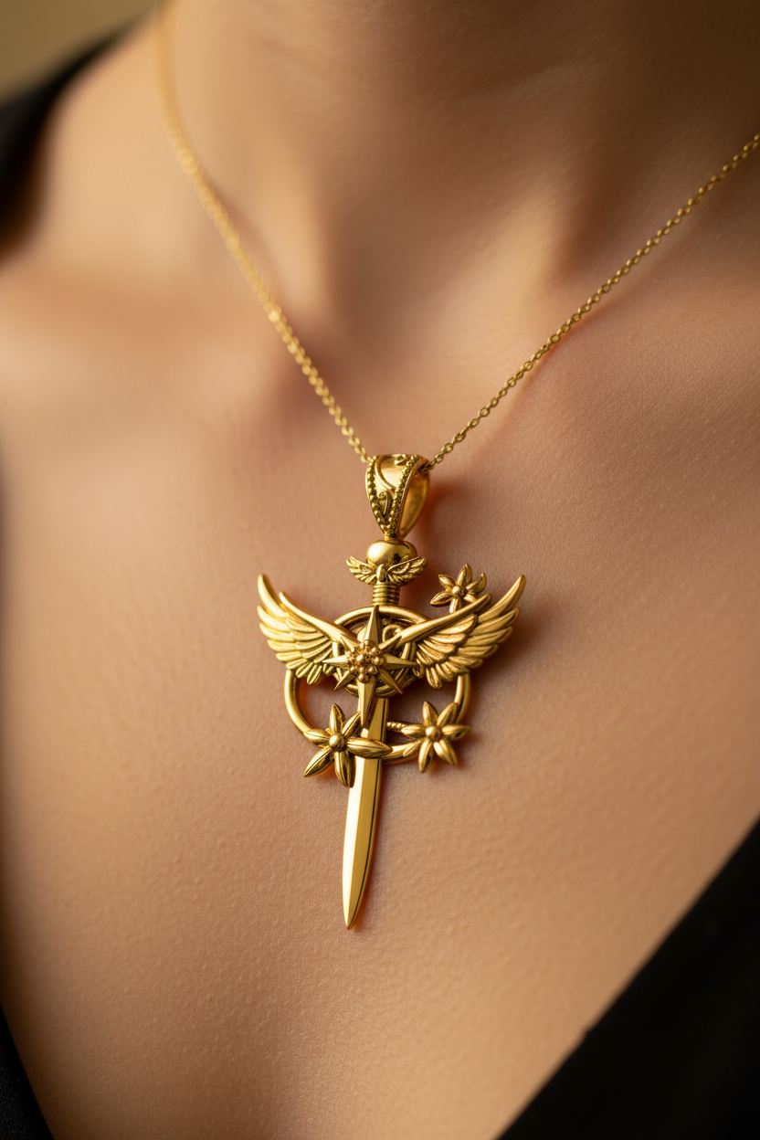 Celestia Winged Star Sword Necklace in 9K gold by MokshaGoldSculptures, worn with black V-neck top.