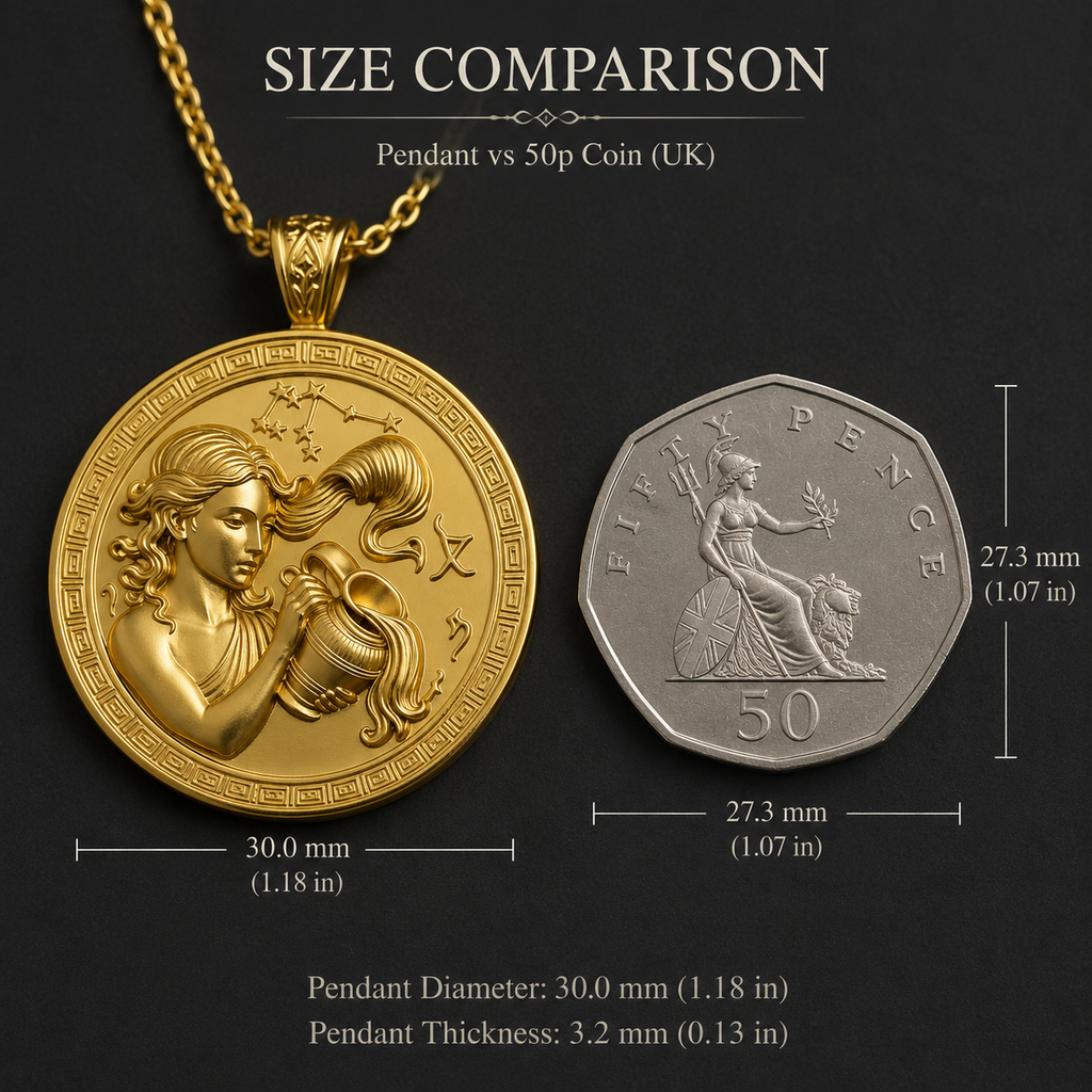 Aquarius Zodiac Pendant Necklace in 9k gold, engraved finish by MokshaGoldSculptures, shown beside UK 50p coin for scale.