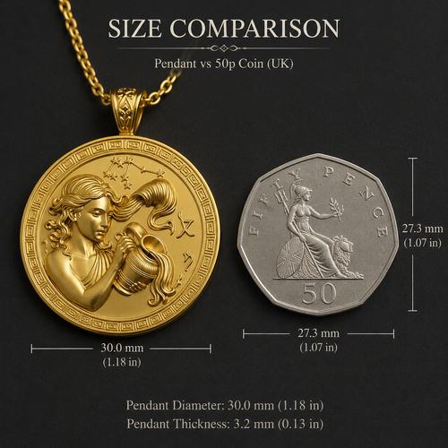 Aquarius Zodiac Pendant Necklace in 9k gold, engraved finish by MokshaGoldSculptures, shown beside UK 50p coin for scale.