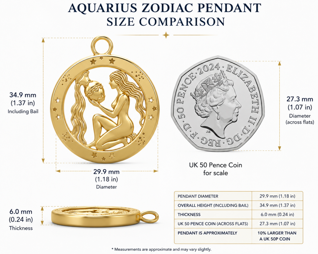 Aquarius Zodiac Pendant in 9K gold, sterling silver, or brass by MokshaGoldSculptures shown next to a UK 50p coin.