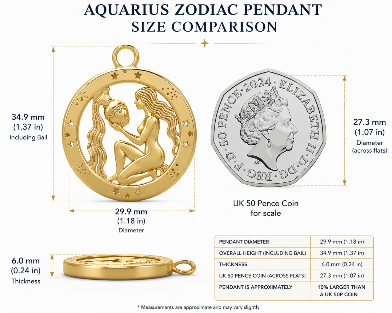 Aquarius Zodiac Pendant in 9K gold, sterling silver, or brass by MokshaGoldSculptures shown next to a UK 50p coin.