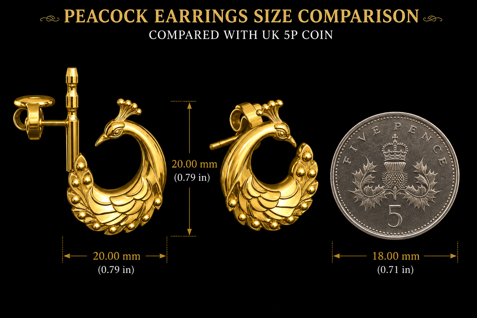 Peacock Stud Earrings – 9K Gold, Sterling Silver 925 or Polished Brass | Elegant Peacock Bird Earrings | Nature Inspired Jewellery | Handmade Gift for Her
