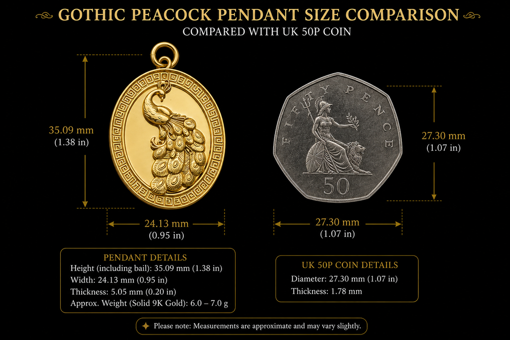 Gothic Peacock Coin Pendant Necklace | 9K Gold, Sterling Silver & Polished Yellow Brass | Art Nouveau Peacock Medallion | Nature Bird Jewelry | Gift for Her