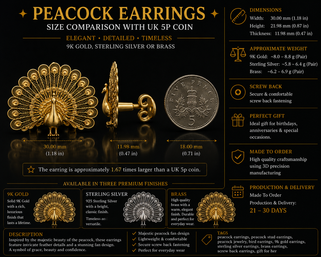 Peacock Stud Earrings in 9K gold, sterling silver, or polished brass by MokshaGoldSculptures shown beside UK 5p coin.