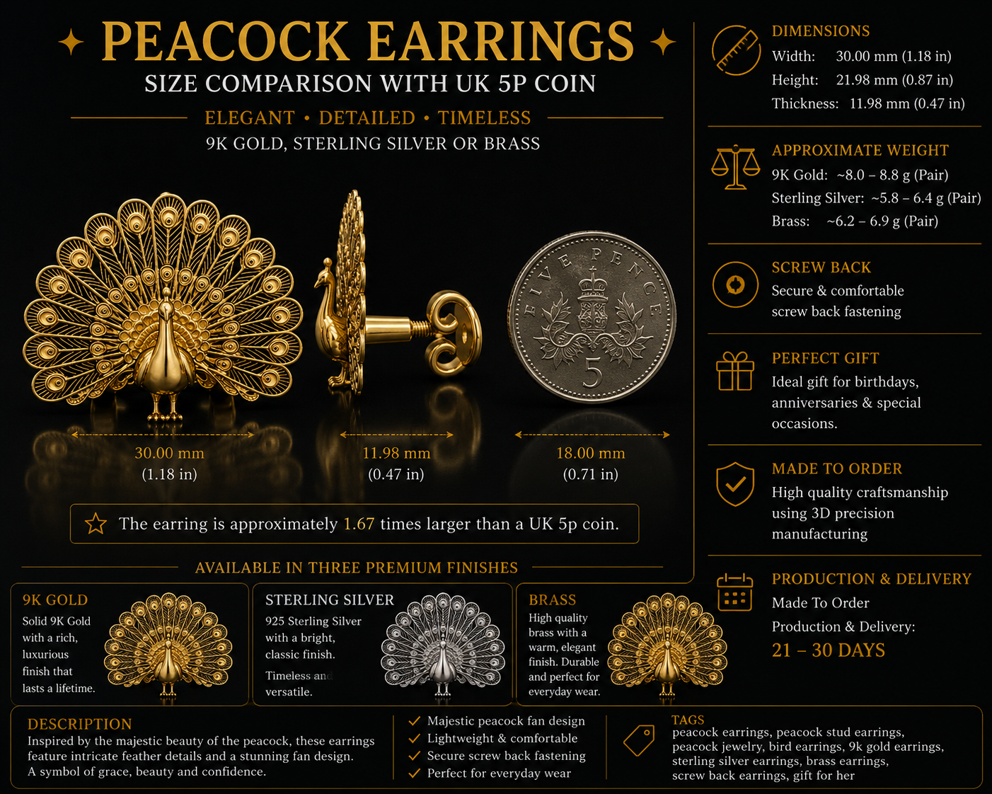 Peacock Stud Earrings in 9K gold, sterling silver, or polished brass by MokshaGoldSculptures shown beside UK 5p coin.