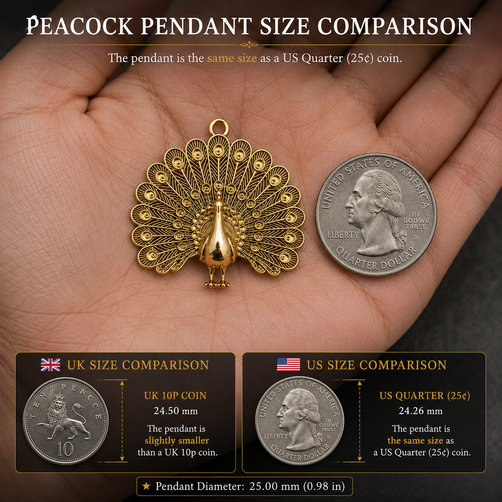 Peacock Fan Tail Pendant Necklace 25mm | 9K Gold, Sterling Silver 925 & Polished Yellow Brass | Elegant Bird Pendant | Nature Inspired Gift | Made to Order