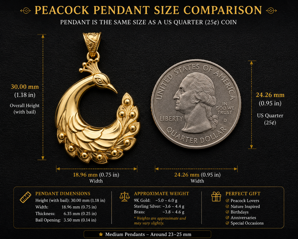 Peacock Pendant Necklace 25mm | 9K Solid Gold, Sterling Silver 925 or Polished Yellow Brass | Art Nouveau Peacock Necklace | Nature Inspired Bird Jewelry | Made to Order