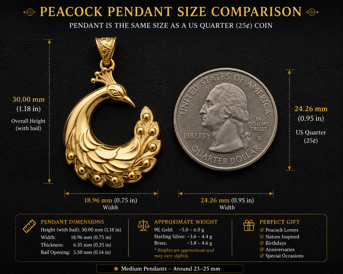 Peacock Pendant Necklace 25mm | 9K Solid Gold, Sterling Silver 925 or Polished Yellow Brass | Art Nouveau Peacock Necklace | Nature Inspired Bird Jewelry | Made to Order