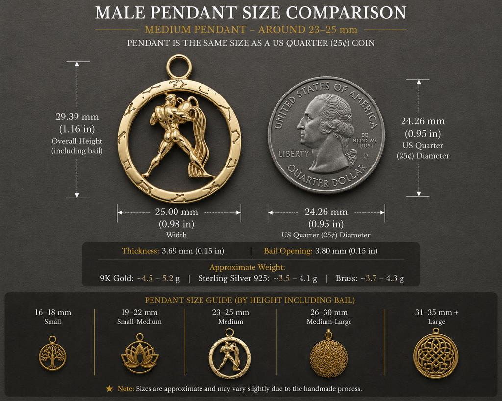 25mm Aquarius Zodiac Pendant Necklace, Men's Water Bearer Necklace, 9K Gold, Sterling Silver or Brass, Astrology Jewellery Gift