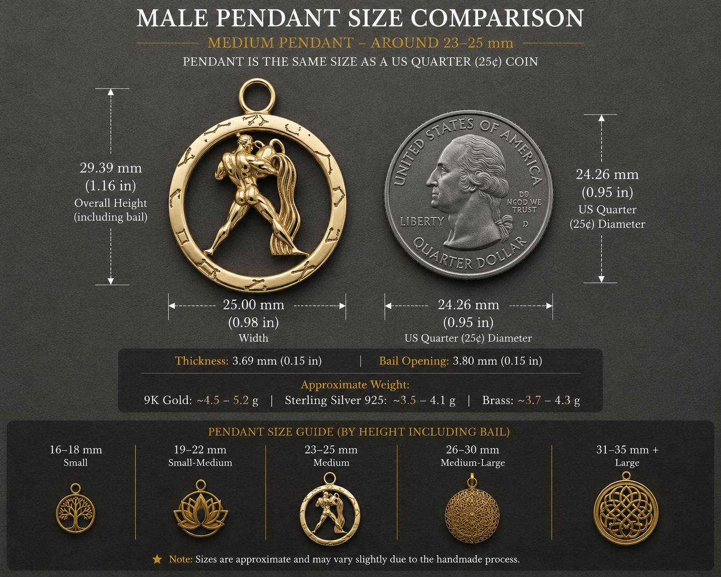 25mm Aquarius Zodiac Pendant Necklace, Men's Water Bearer Necklace, 9K Gold, Sterling Silver or Brass, Astrology Jewellery Gift