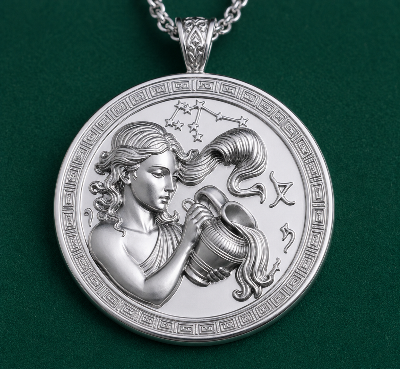 Aquarius Zodiac Pendant Necklace in 9K gold by MokshaGoldSculptures, engraved with water bearer and stars.