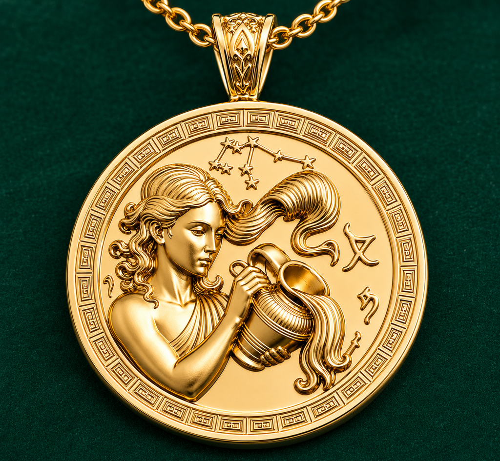 Aquarius Zodiac Pendant Necklace in 9K gold by MokshaGoldSculptures, constellation medallion with polished finish.