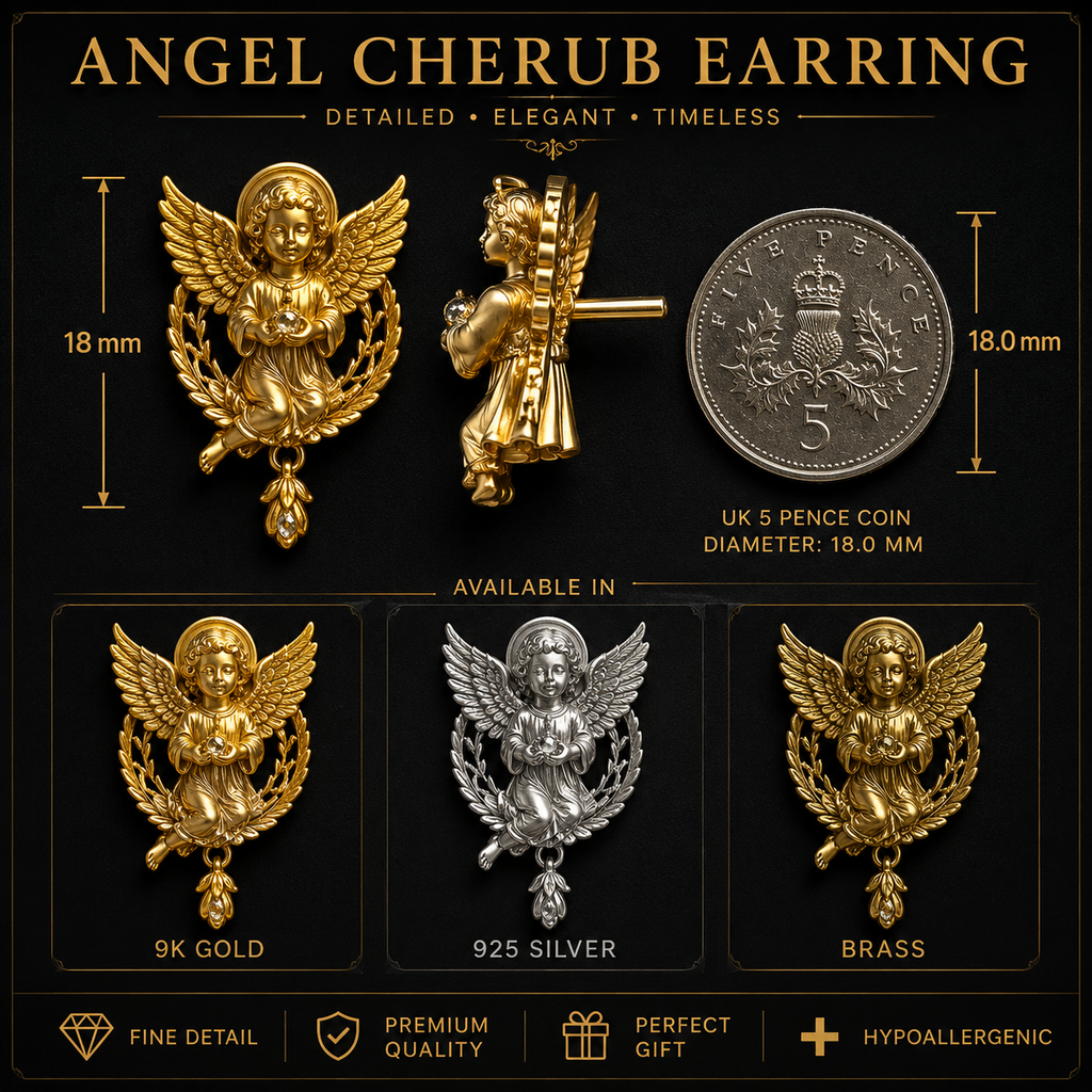 Angel Cherub Stud Earrings | 9K Gold, Sterling Silver or Brass | Handmade Angel Jewelry | Cherub Earrings | Artisan Religious Jewelry | Gift for Her