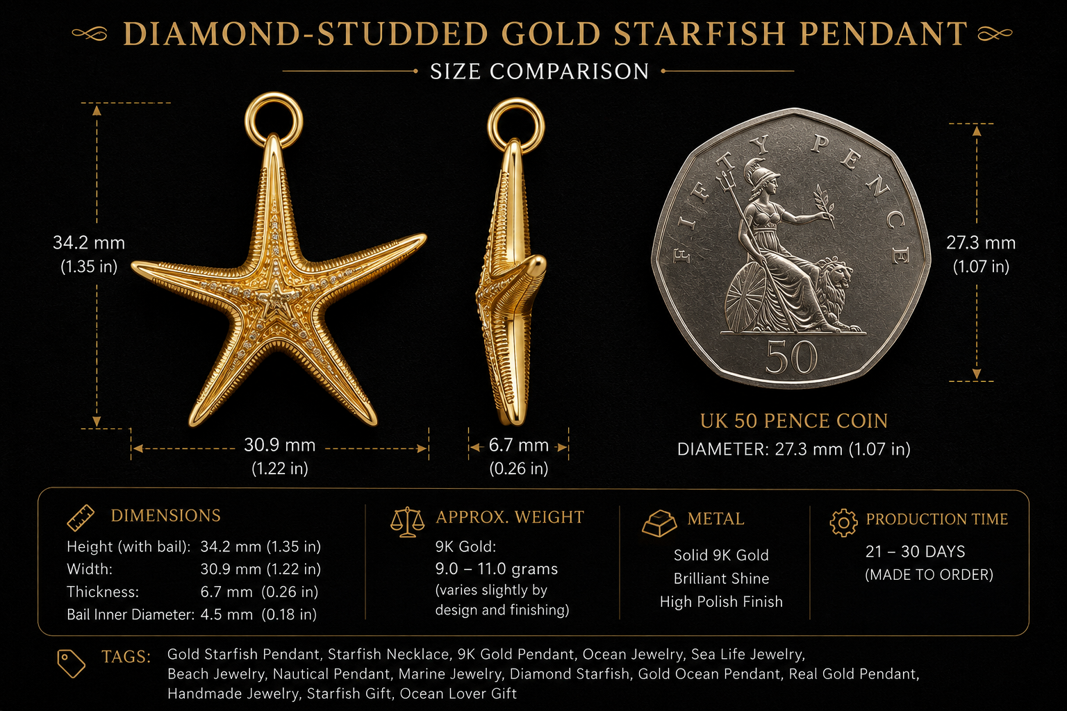 Royal Starfish Pendant Necklace | Astropecten articulatus Sea Star Jewelry | Handmade in 9K Gold, Sterling Silver or Polished Brass