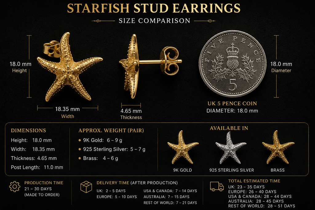 Starfish Stud Earrings | 9K Gold, Sterling Silver or Brass | Beach Jewelry | Ocean Inspired Earrings | Sea Star Studs | Coastal Gift for Her